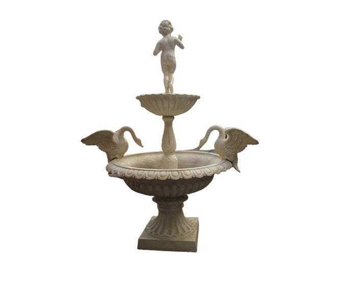 Cast Iron Fountain with Cherub and Two Swans