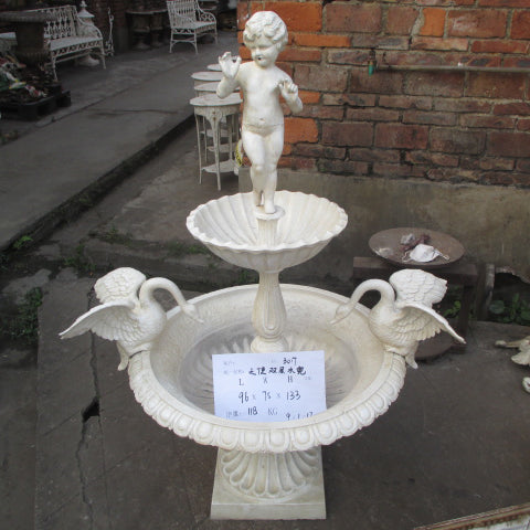 Cast Iron Fountain with Cherub and Two Swans